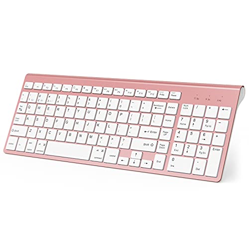 Bluetooth Keyboard, Pink Wireless Keyboard with Number Pad, J JOYACCESS Dual Mode Slim Keyboard Connects Up to 3 Devices for iMac/Mac,MacBook, iPad,Laptop,Android,Windows
