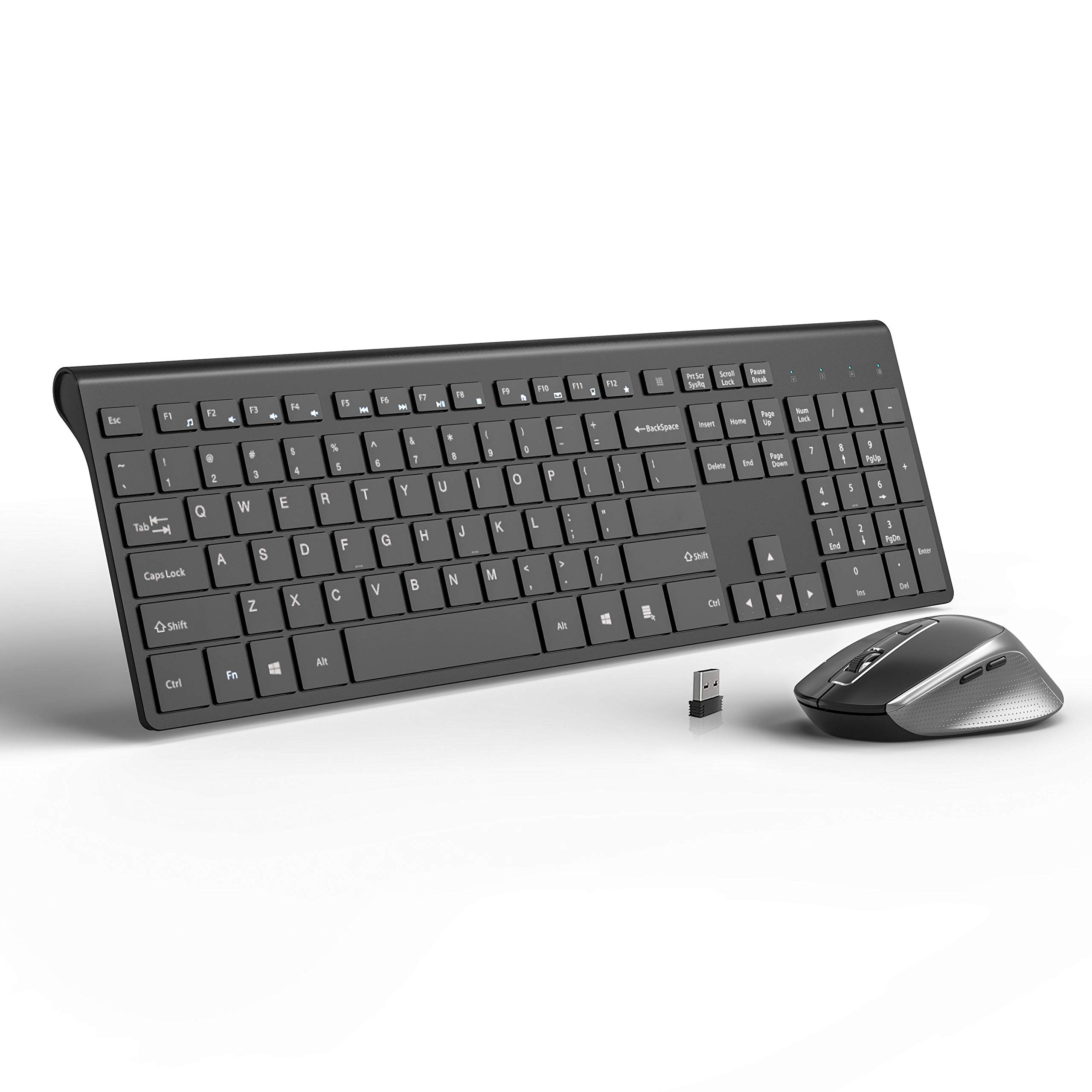 Wireless Keyboard and Mouse, J JOYACCESS 2.4G USB Ultra Slim Full Size Ergonomic Rechargeable Keyboard and Slient Cordless Mouse with Back/Forward Buttons for Mac/Windows/Laptop/Desktop - Black