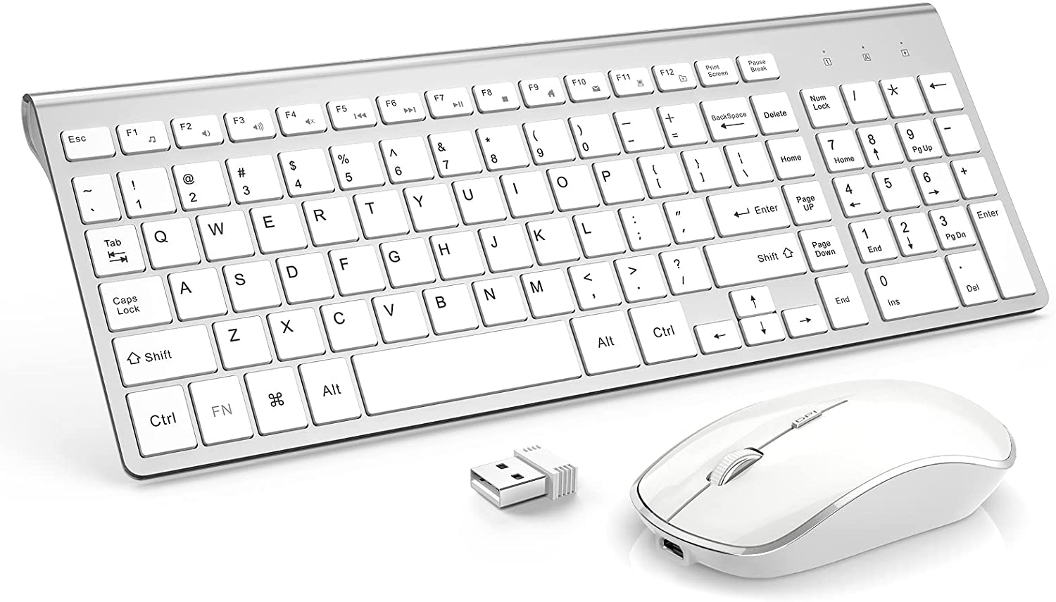 Rechargeable Wireless Keyboard Mouse- J JOYACCESS Ultra Slim Portable Full Size White Keyboard Mouse Combo 2.4G Quiet Keyboard and Mouse with Long Battery Life for Laptop,Desktop,PC,Computer,Windows
